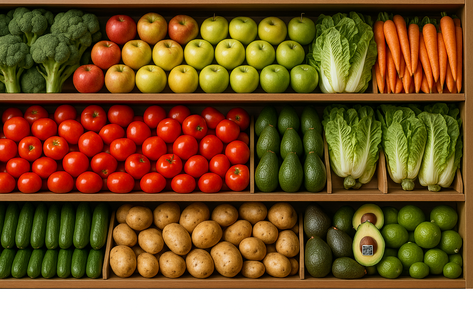 Variedad de frutas y verduras organizadas en g贸ndola