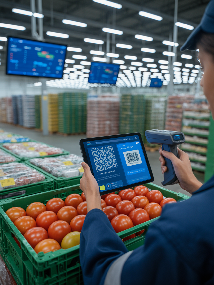 Opérateur scannant des QR de produits en entrepôt avec tableaux de bord de monitoring